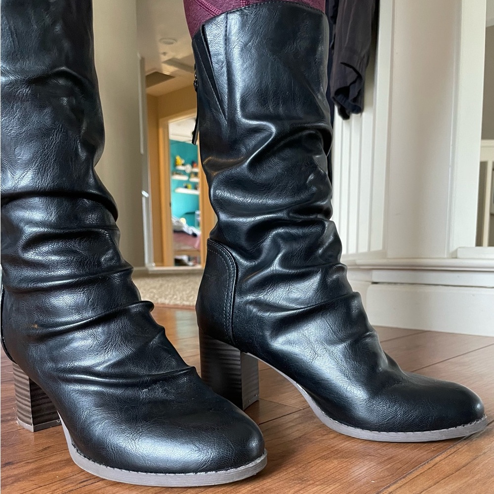 Black Vegan Leather Slouchy Women's Boots - Picture 2 of 6